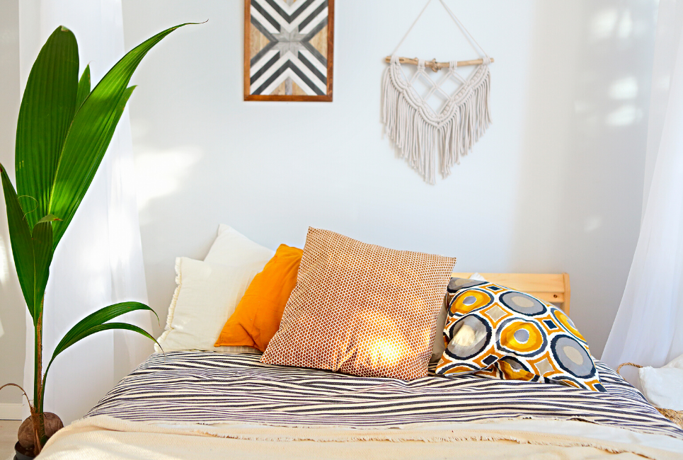 trendy boho colorful bed and room