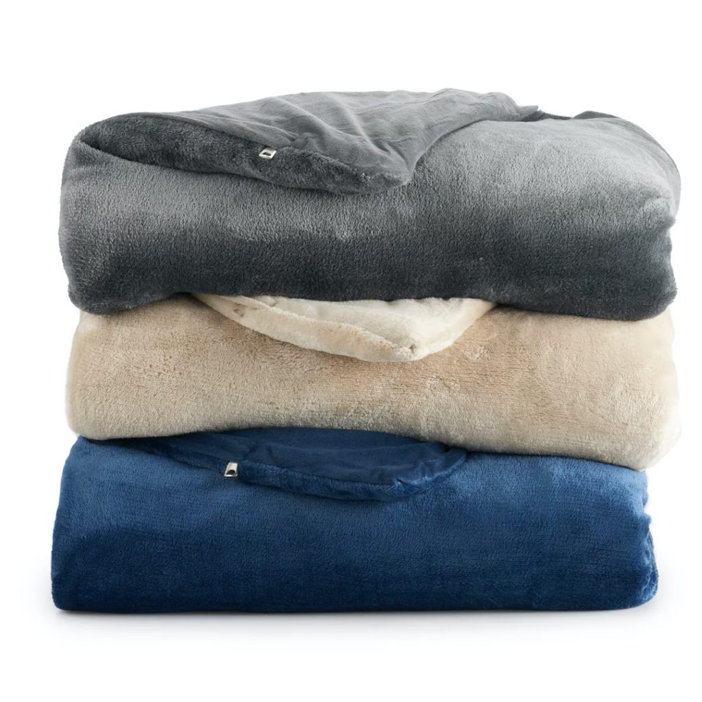 3 different fleece weighted blankets folded and stacked