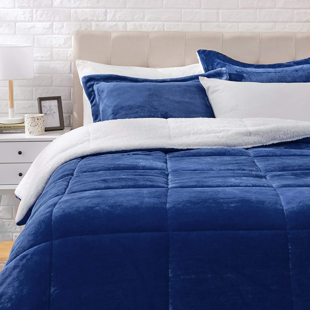 Dark Blue Amazon Basics Ultra Soft Micromink Sherpa Comforter Bed Set