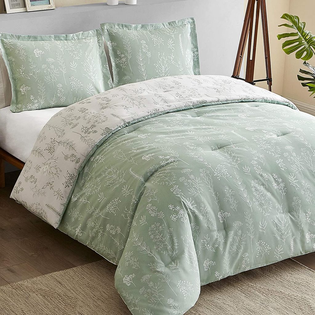 Sage green and white reversible comforter set