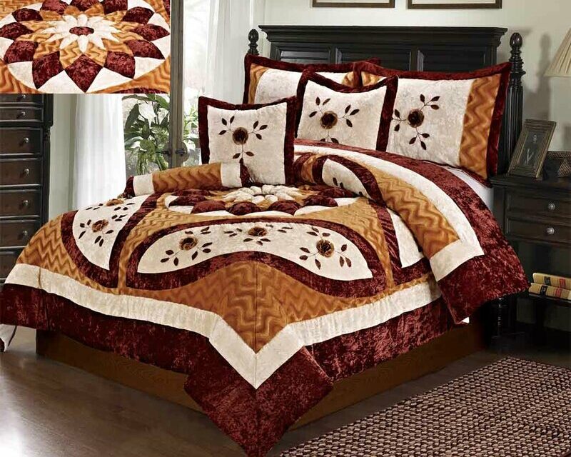 Autumn Colored Patterned Faux Velvet Comforter set on bed