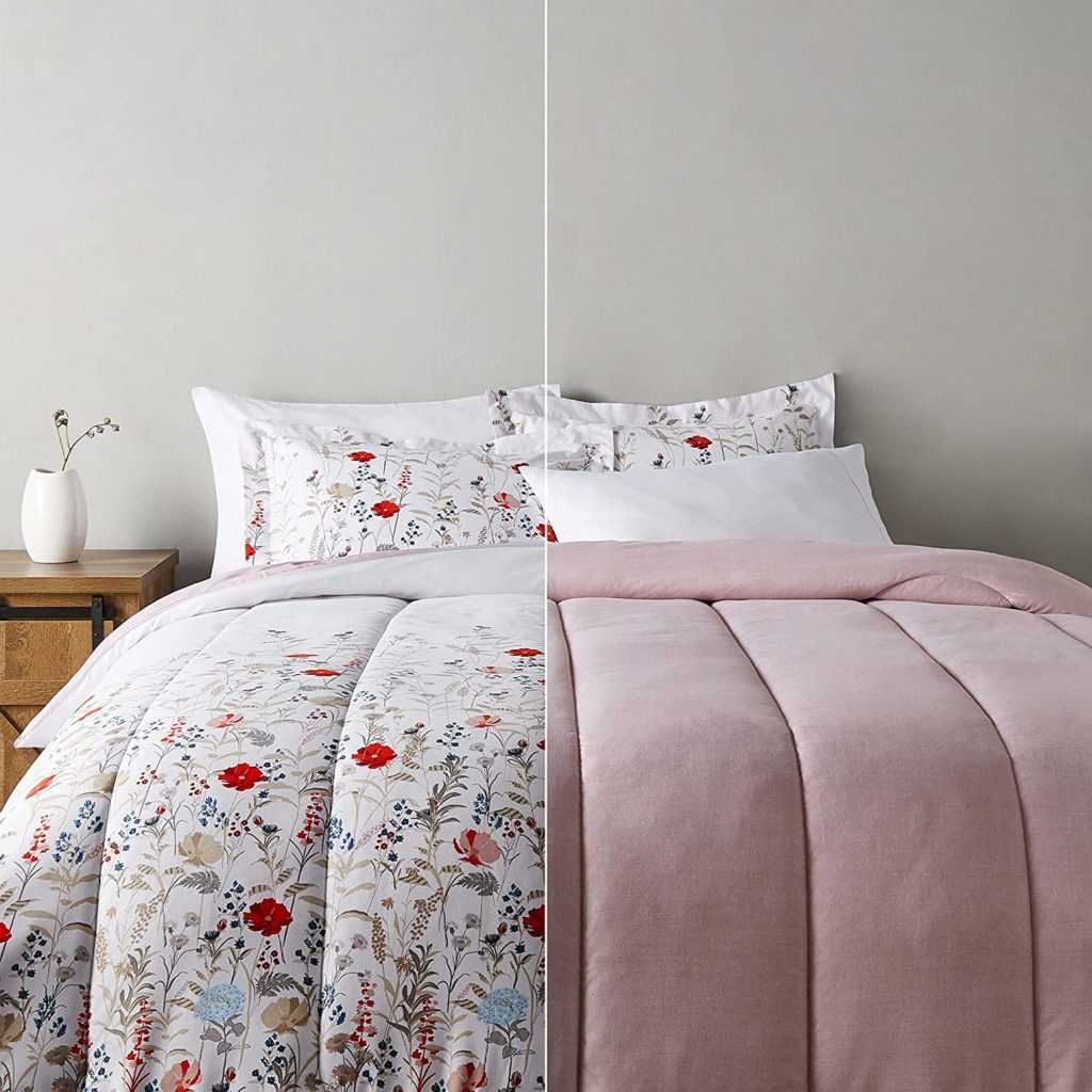 Split screen of bedding between floral print and pink velvet