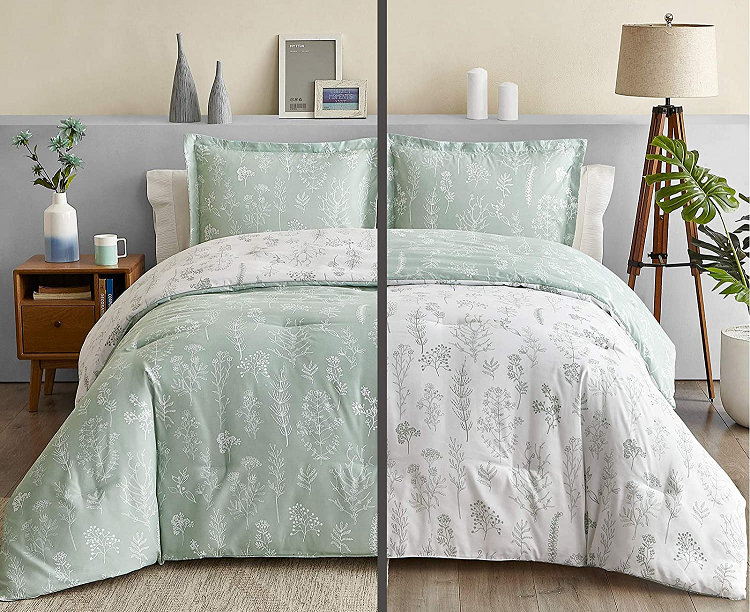 Bedsure Reversible Comforter Set in Sage Green on Left and White on Right