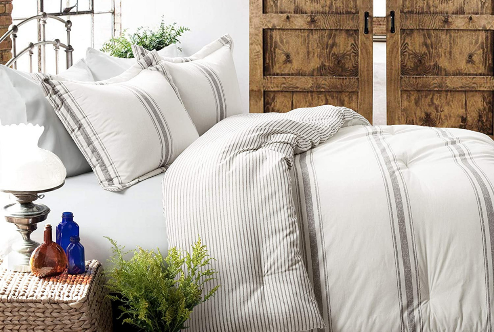 White and Cream Striped Bedding styled in farmhouse bedroom