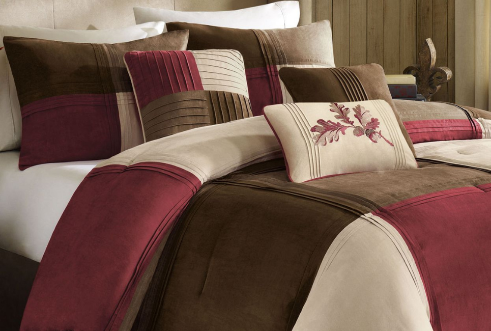 Red, Brown and Cream Colorblocked Farmhouse Comforter and Pillows