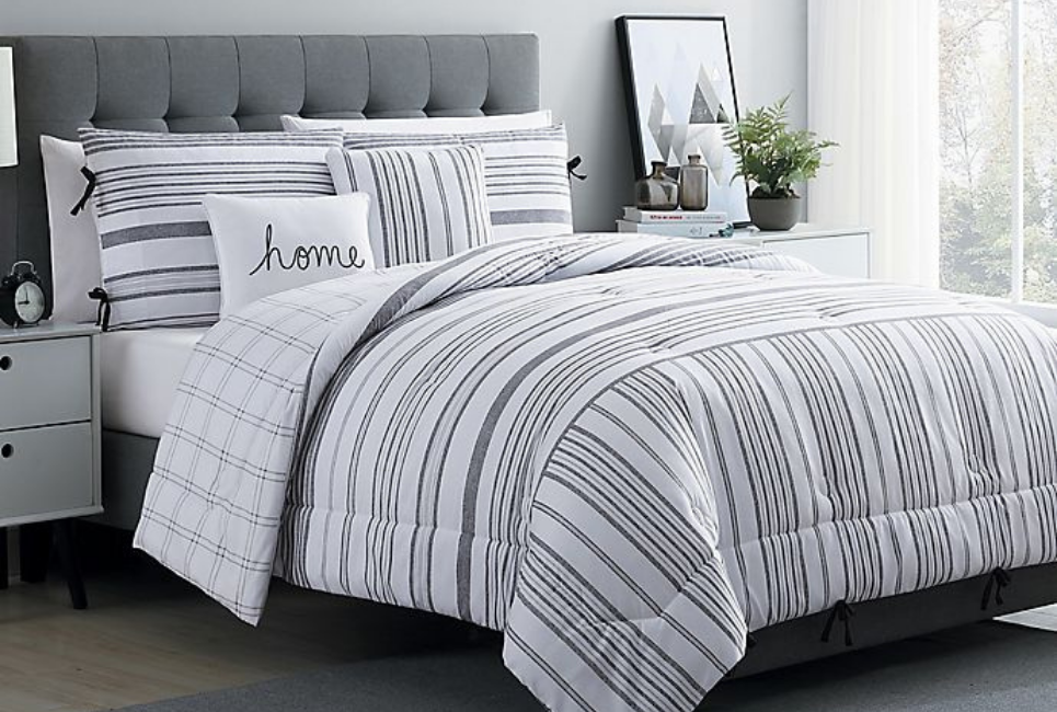 Grey and White Striped Farmhouse Bedding in Clean Room