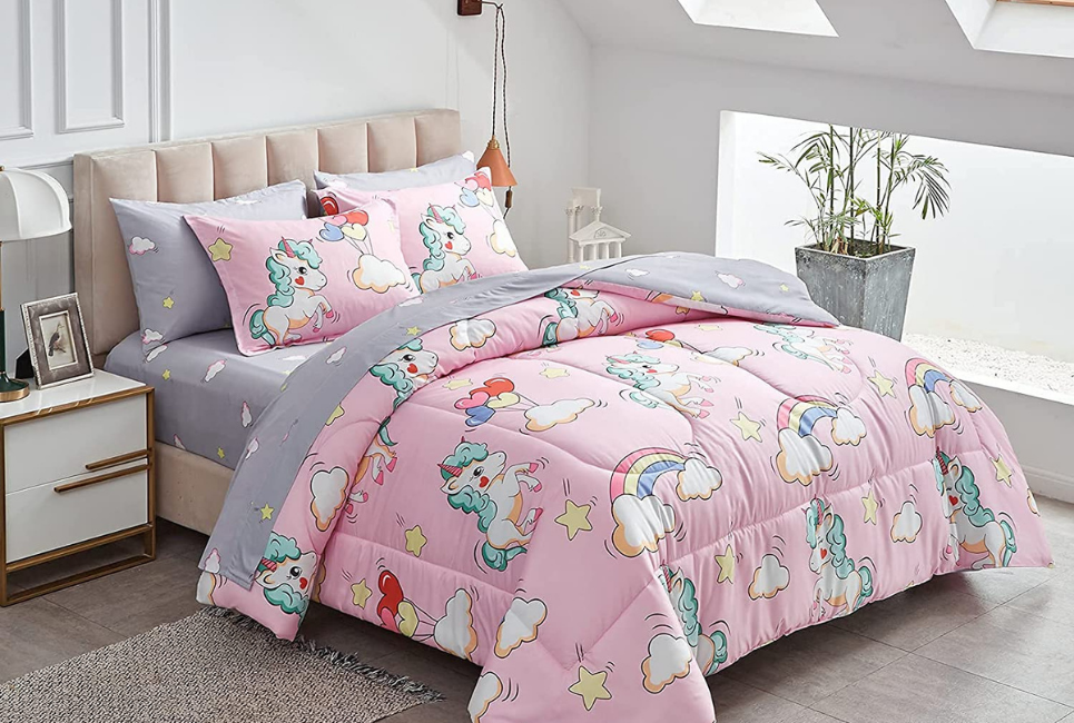 Pink Comforter with Unicorn and Rainbow Print