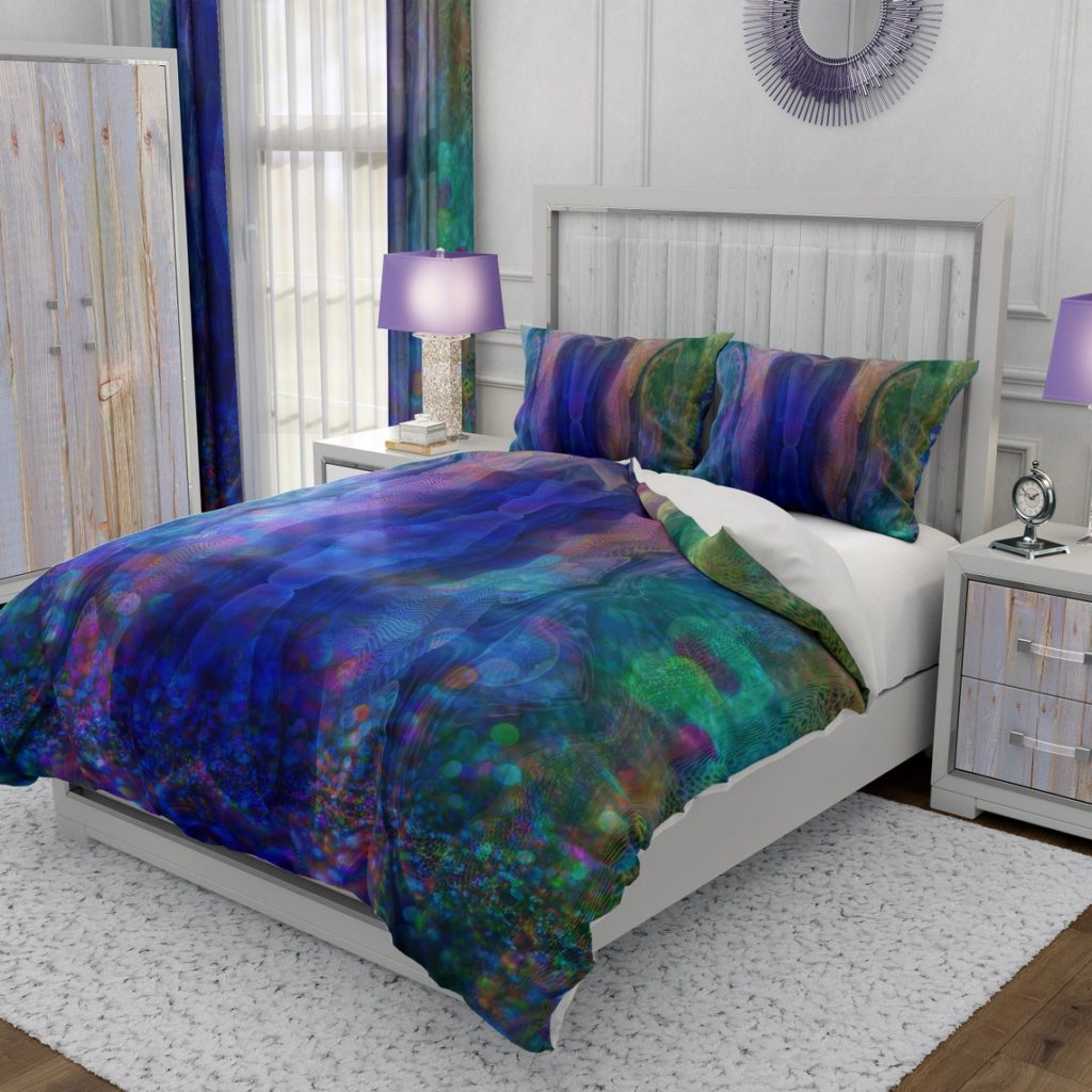 purple blue and green tie dyed funky bedding set in bedroom with purple nightlights