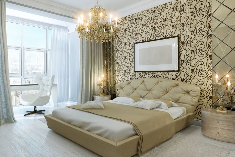 Gold bedding set in luxurious bedroom