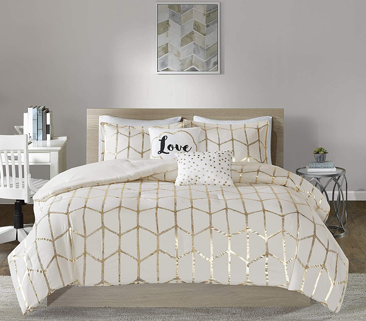 Intelligent Design White and Gold Geometric Raina Comforter Set