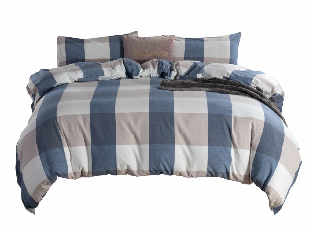 Blue and taupe checkerboard plaid comforter bedding set