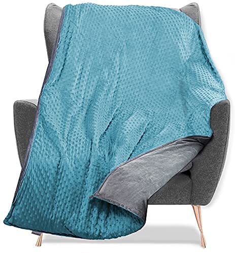 Teal Quility Weighted Blanket draped over chair
