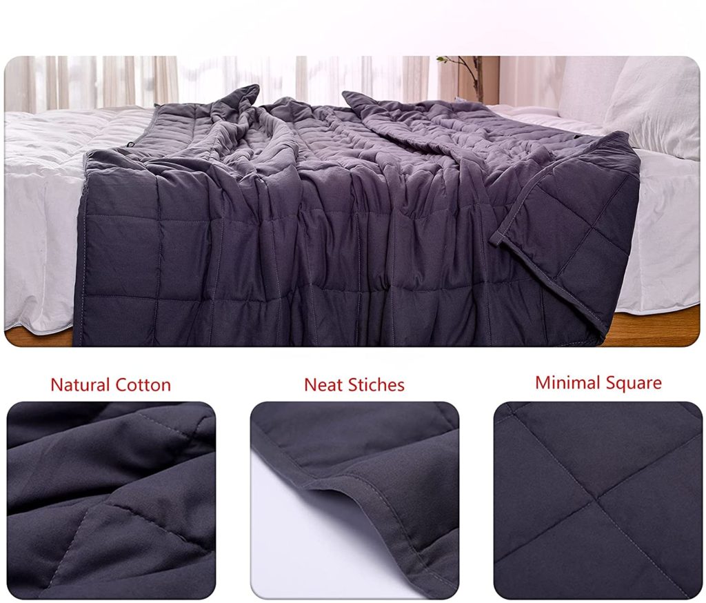 bed made with weighted blanket and infographic of blanket features below