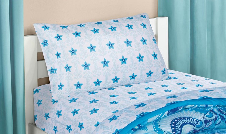 blue floral print boho sheet and pillowcase