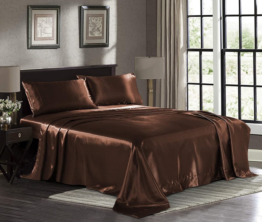 brown satin sheets on bed