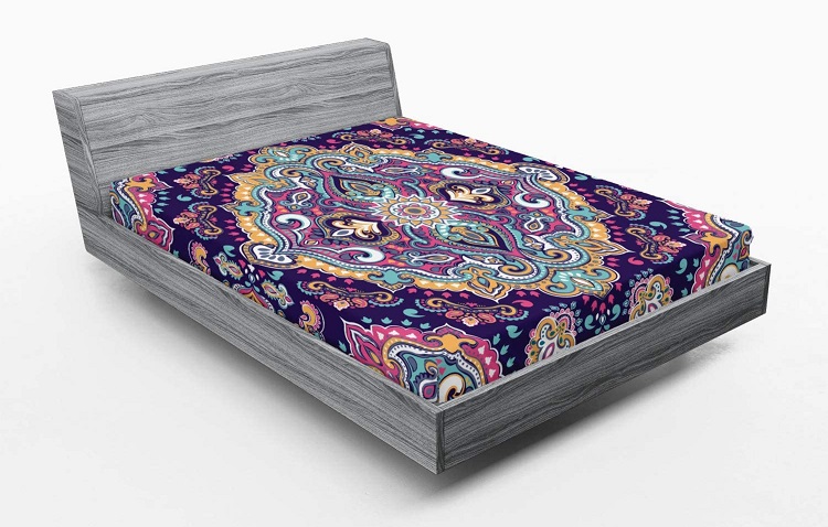 colorful patterned boho fitted sheet on mattress