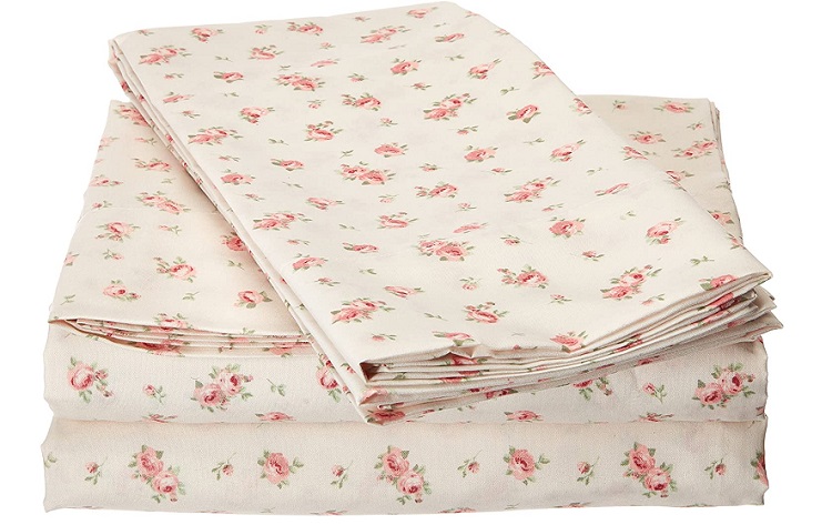 cream sheet set folded with pink rose pattern
