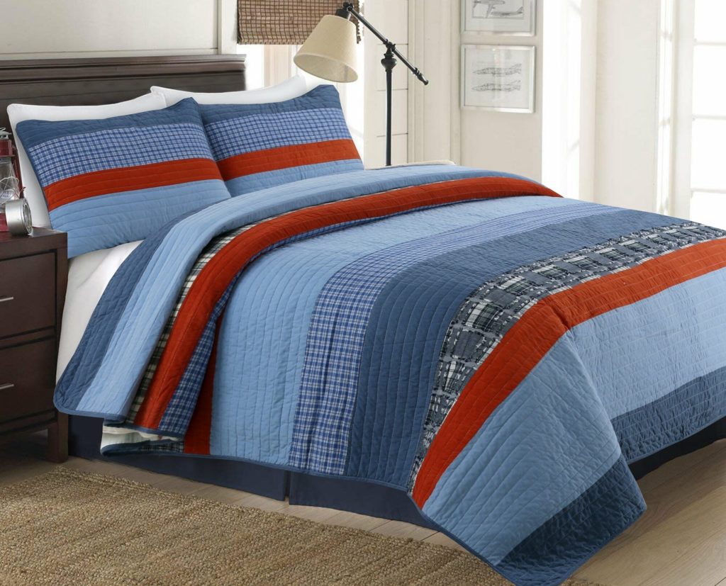 denim comforter with blue and red stripe pattern