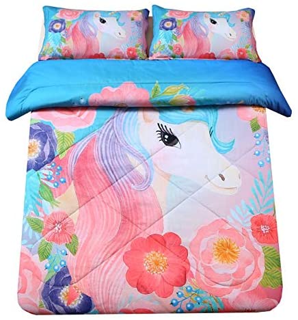 floral and unicorn comforter bedding on bed