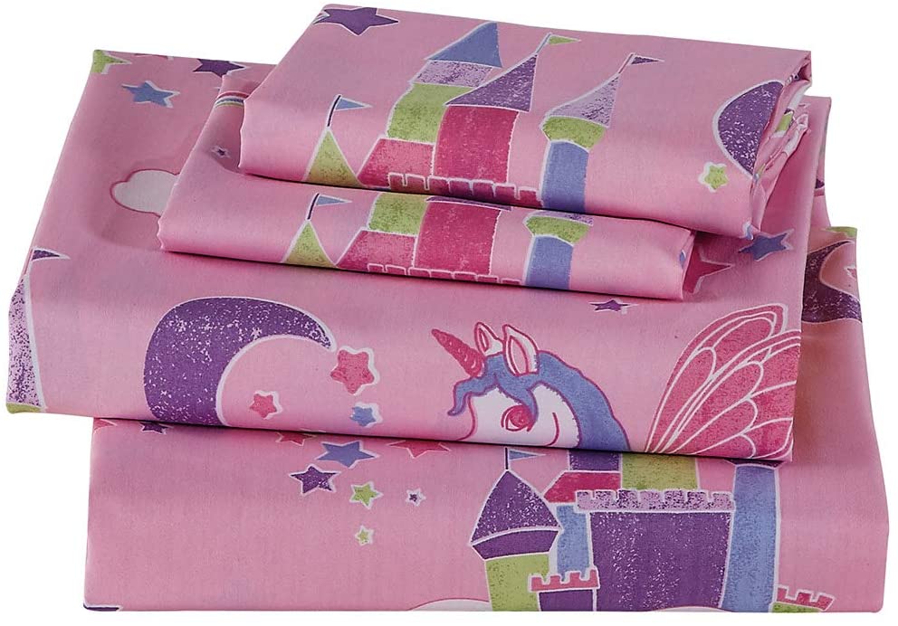 folded sheet set designed with unicorns and castles