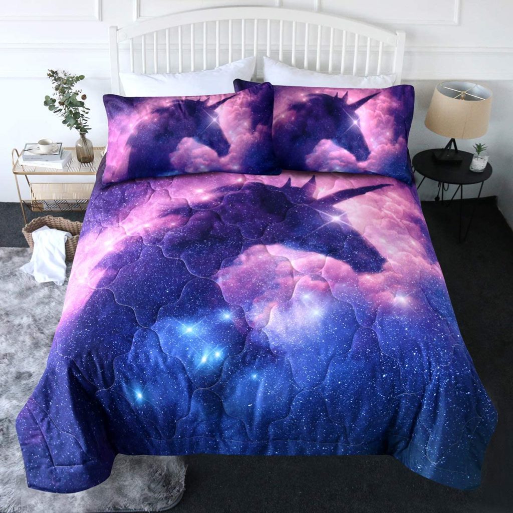 galactic unicorn comforter set on bed