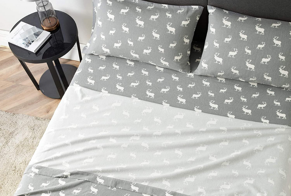 grey flannel comforter and bedding with white reindeer print 1