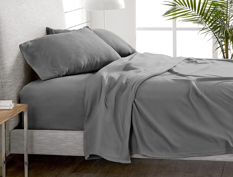 grey fleece sheets on trendy bed
