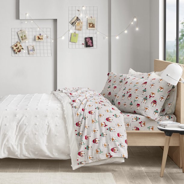 grey sheet on bed with whismical fox illustration print 1