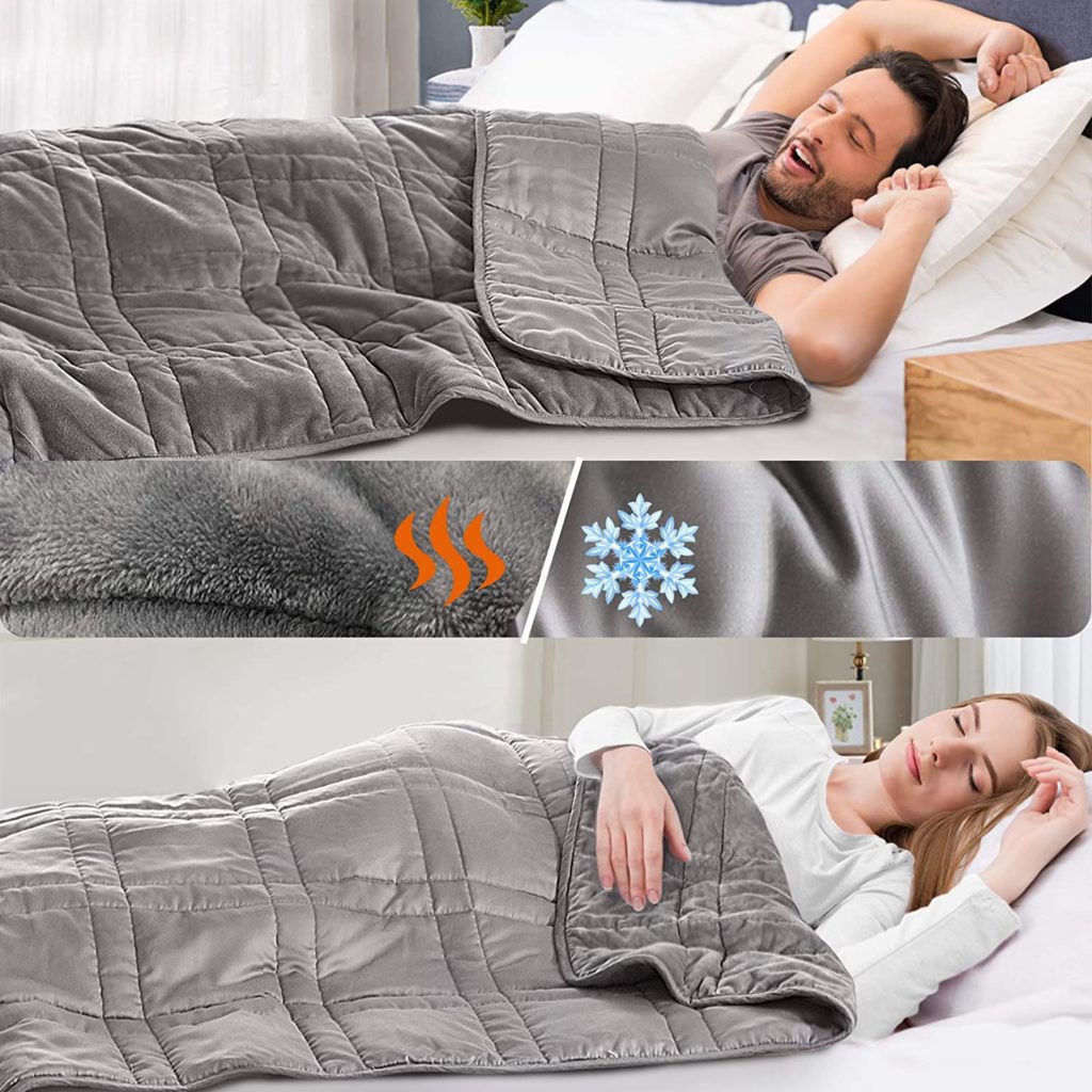 infographic of man and woman each sleeping peacefully under reversible grey weighted blanket for different sleeping temperatures