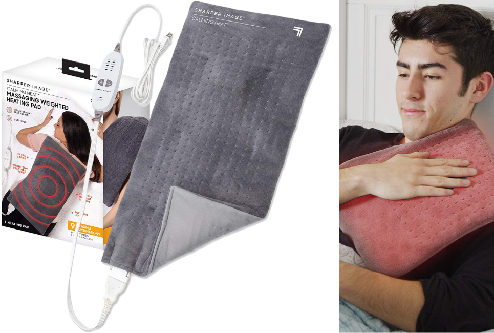 man holding a heated quilted pad on his shoulder split screen with packaging for the heated pad