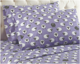 purple fleece sheets with cartoon sheep pattern
