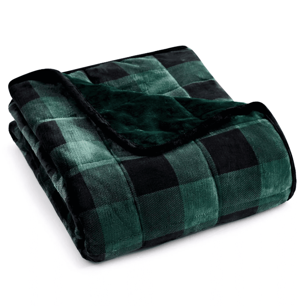 neatly folded green and black checkered weighted blanket