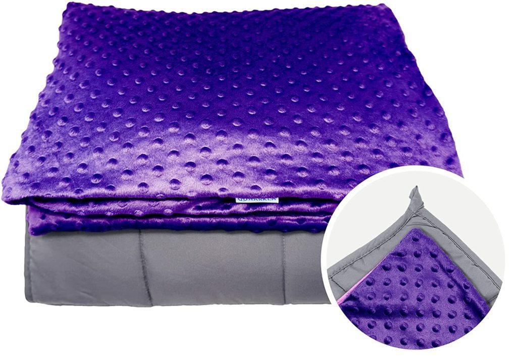 neatly folded purple weighted blanket with close up feature of blanket texture
