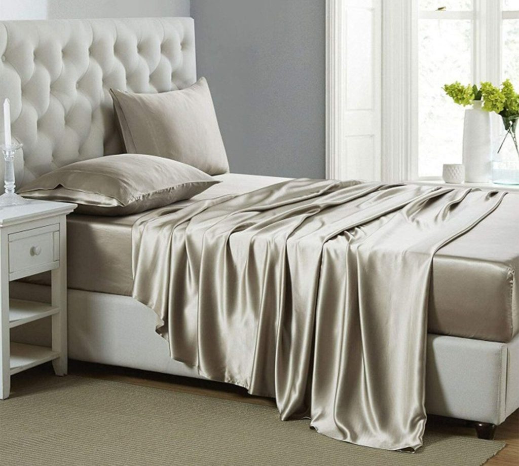 neutral taupe satin sheets