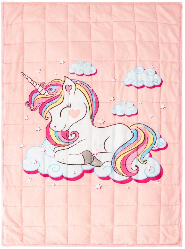 pink weighted blanket with unicorn design