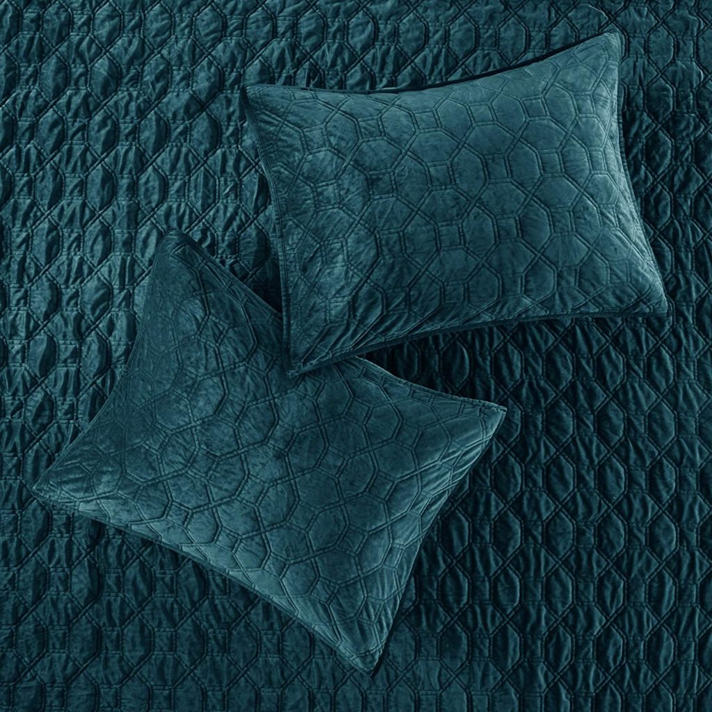 plush velvet teal blanket and pillows