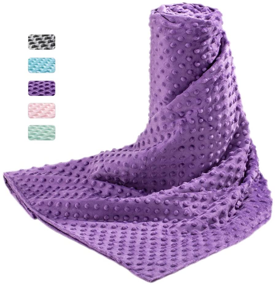 rolled purple blanket cover with other color options shown on side