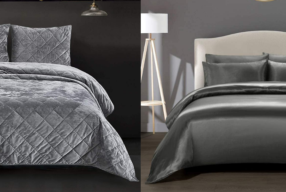 split screen of grey velvet comforter on bed and satin comforter on bed