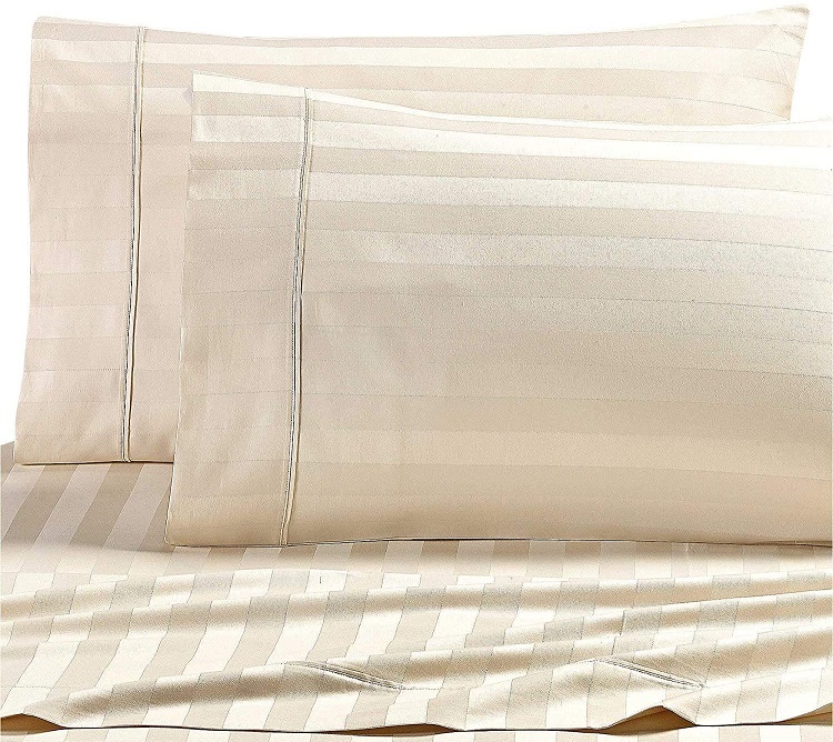 striped elegant taupe colored sheets and pillowcase