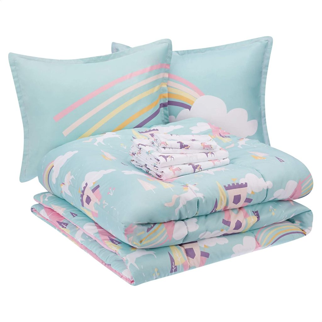 teal rainbow and unicorn comforter set folded
