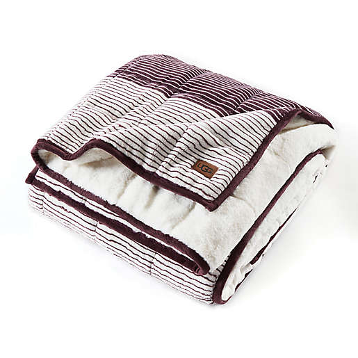 ugg brand burgundy and white striped blanket folded