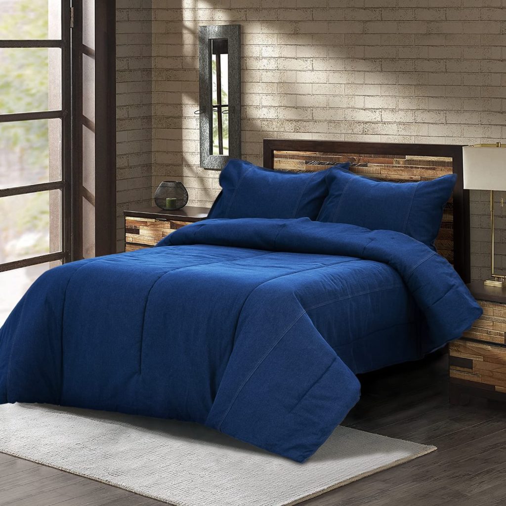 vibrant denim comforter in modern industrial bedroom