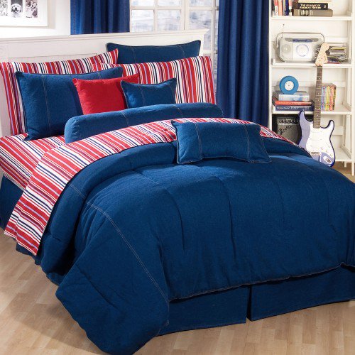 vibrant denim comforter with reversible red and white stripe pattern