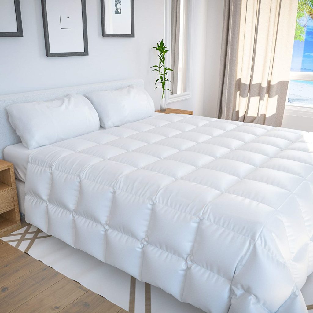white bamboo comforter on bed in clean cozy room